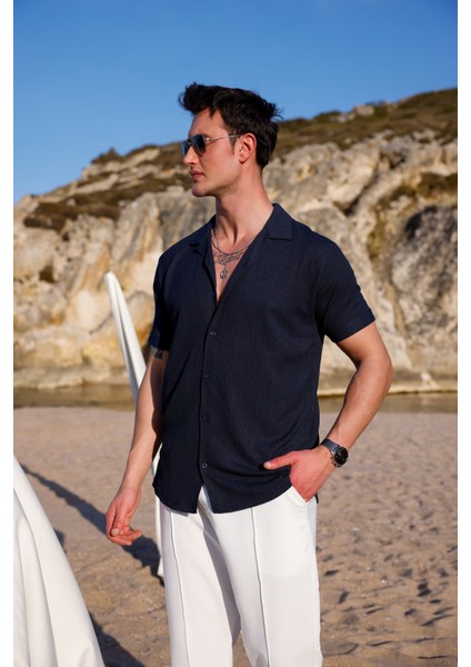 Erkek Lacivert Renk Burgu Desen Kısa Kol Gömlek modelleri