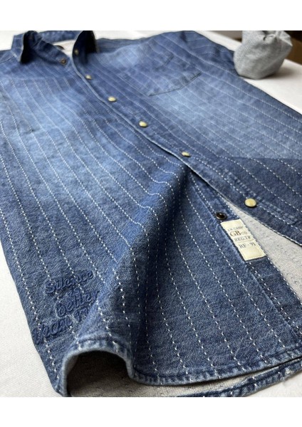 Slim Fit Saf Pamuk Denim Kumaş Kot Gömlek--Laci Çizki Eskitme- modelleri