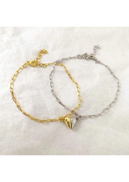 Mıknatıslı Kalp Çift Gümüş Bileklik