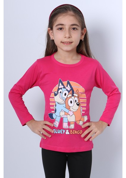 Kız Çocuk Uzun Kol Tshirt Bluey Ile Bingo Baskılı Bisiklet Yaka D46