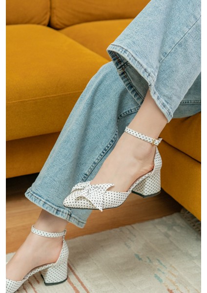 Toli Beyaz Puantiye Fiyonklu ( 5 cm Topuklu ) Günlük Kullanım Ayakkabı fırsatları