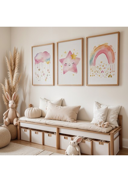 Gökkuşağı ve Bulutlar Doğal Ahşap Çerçeveli Çocuk Odası ve Bebek Odası Tablosu