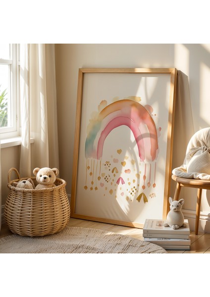 Gökkuşağı ve Bulutlar Doğal Ahşap Çerçeveli Çocuk Odası ve Bebek Odası Tablosu modelleri