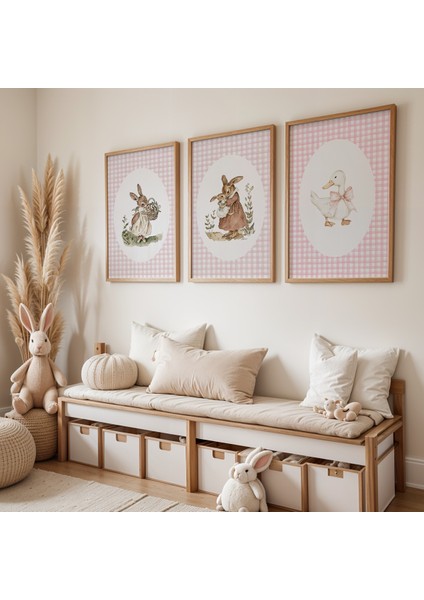 Vintage Tarz Tavşanlar ve Ördek Doğal Ahşap Çerçeveli Çocuk ve Bebek Odası Tablosu