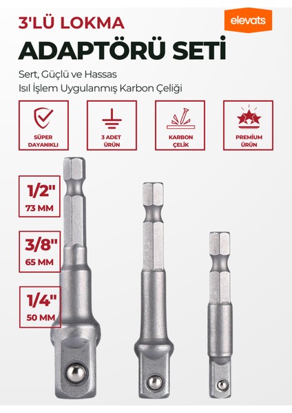 Premium 3'lü Lokma Adaptörü Seti 1/2" - 1/4" - 3/8" Boyutlarında