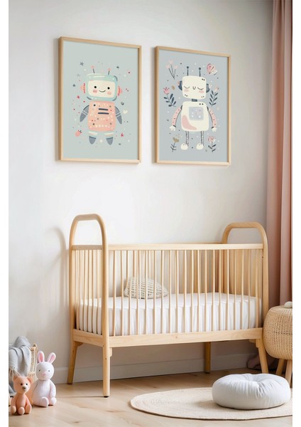 Sevimli Robotlar - Doğal Ahşap Çerçeveli Çocuk Odası ve Bebek Odası Tablosu