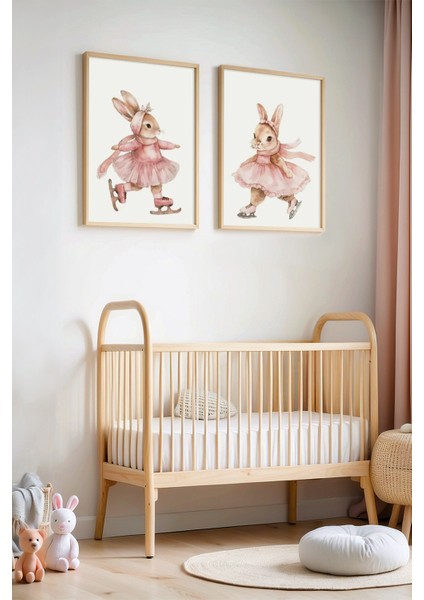 Paten Kayan Sevimli Tavşanlar Doğal Ahşap Çerçeveli Çocuk ve Bebek Odası Tablosu