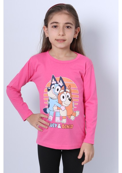 Kız Çocuk Uzun Kol Tshirt Bluey Ile Bingo Baskılı Bisiklet Yaka D46