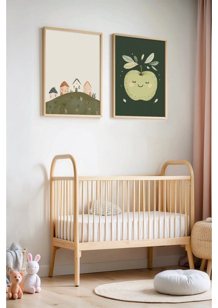 Sevimli Yeşil Elma ve Minik Evler Doğal Ahşap Çerçeveli Çocuk Odası ve Bebek Odası Tablosu