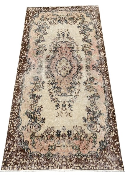 El Dokuma Vintage Eskitme Halı 110 x 215 Krem Pembe Yün Halı