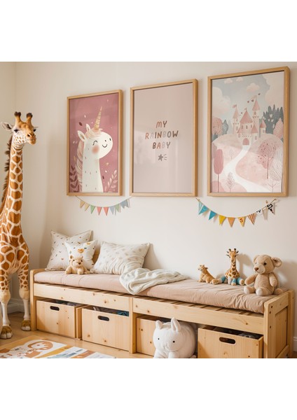 3'lü Unicorn ve Doğa Manzarası Doğal Ahşap Çerçeveli Çocuk Odası ve Bebek Odası Tablosu