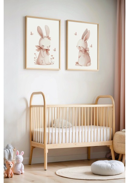 Vintage Tavşan Çerçeveli Doğal Ahşap Çerçeveli Çocuk ve Bebek Odası Tablosu