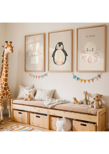 3'lü Sevimli Hayvanlar Doğal Ahşap Çerçeveli Çocuk Odası ve Bebek Odası Tablo Seti