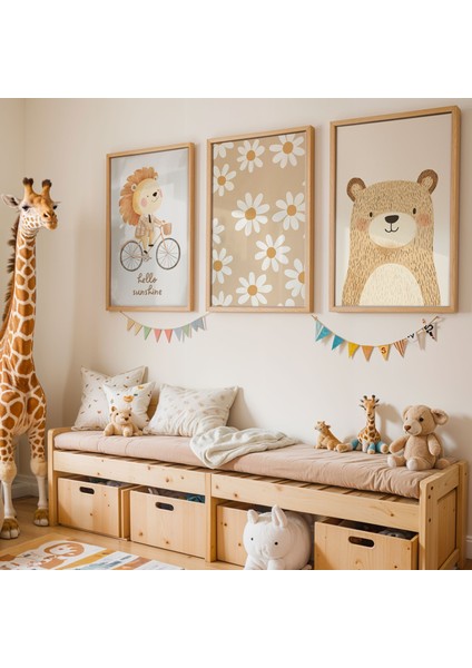 3'lü Sevimli Ayıcıklar Doğal Ahşap Çerçeveli Çocuk Odası ve Bebek Odası Tablo Seti