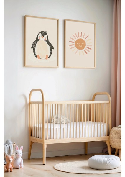 Güneşli Günler ve Mutlu Penguen - Doğal Ahşap Çerçeveli Çocuk Odası ve Bebek Odası Tablosu