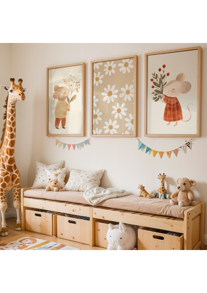 3'lü Çiçek Taşıyan Fareler Doğal Ahşap Çerçeveli Çocuk Odası ve Bebek Odası Tablo Seti