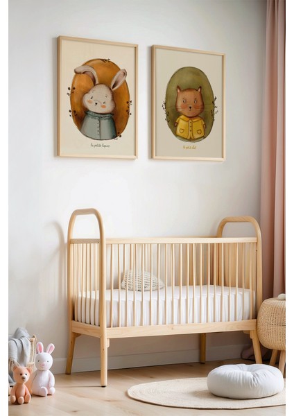 Tavşan ve Kedi Dostluğu Premium Doğal Ahşap Çerçeveli Çocuk ve Bebek Odası Tablosu