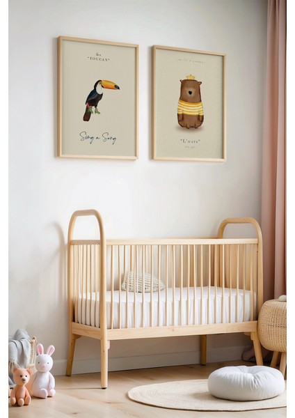 Tukan ve Sevimli Ayı Premium Doğal Ahşap Çerçeveli Çocuk ve Bebek Odası Tablosu