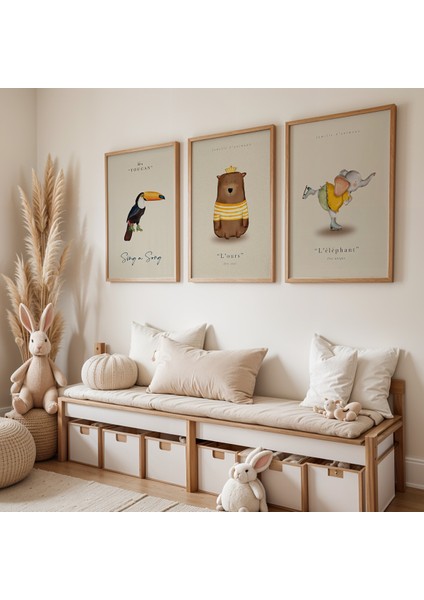 Tukan, Ayı ve Kaykaycı Fil Doğal Ahşap Çerçeveli Çocuk ve Bebek Odası Tablosu