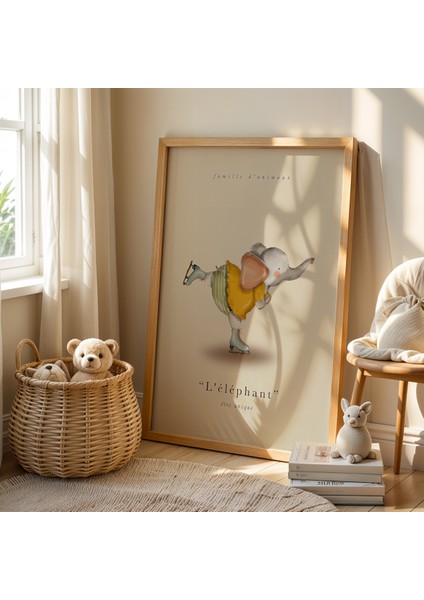 Tukan, Ayı ve Kaykaycı Fil Doğal Ahşap Çerçeveli Çocuk ve Bebek Odası Tablosu modelleri
