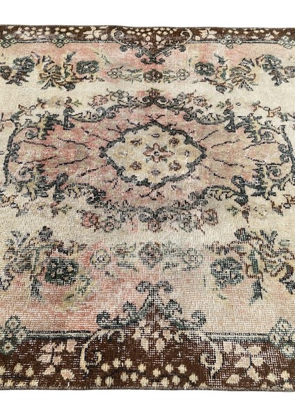 El Dokuma Vintage Eskitme Halı 110 x 215 Krem Pembe Yün Halı modelleri