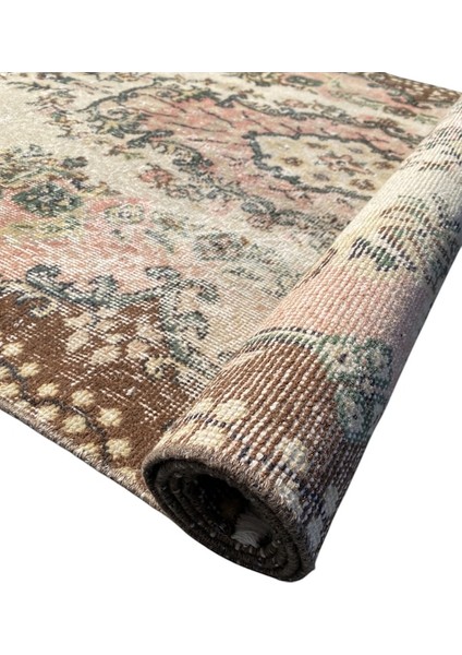 El Dokuma Vintage Eskitme Halı 110 x 215 Krem Pembe Yün Halı indirimleri