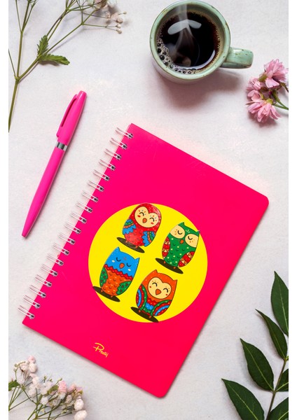 Owls Neon Pembe Kareli Defter 17X24