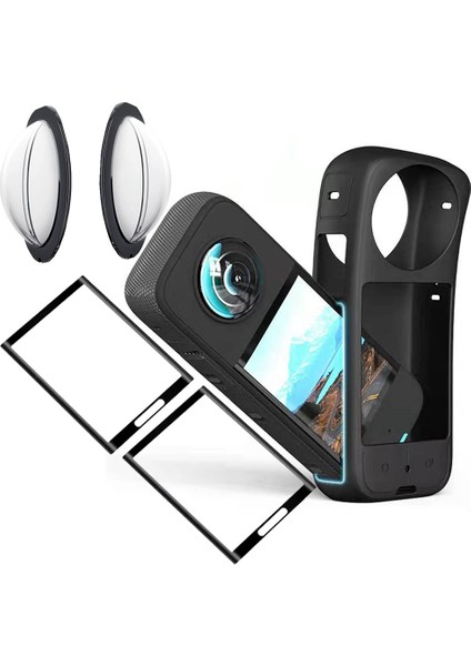 INSTA360 X3 Kamera Koruyucu Aksesuarları, Yapışkan Lens Koruyucu Seti Silikon Kılıf Ekran Temperli Cam Film Koruyucu (Yurt Dışından)