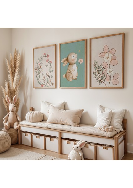 Çiçekler ve Tavşan Doğal Ahşap Çerçeveli Çocuk ve Bebek Odası Tablosu