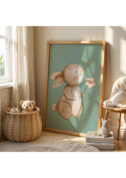 Çiçekler ve Tavşan Doğal Ahşap Çerçeveli Çocuk ve Bebek Odası Tablosu modelleri