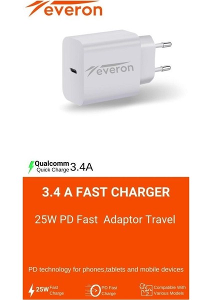 Honor View 20 Ile Uyumlu 25W Qc 3.4A Type C Şarj Adaptörü EVR-003