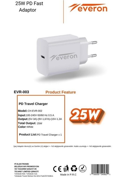 Honor View 20 Ile Uyumlu 25W Qc 3.4A Type C Şarj Adaptörü EVR-003