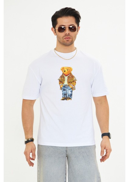 Teddy Bear Desenli Rahat Kesim Erkek Oversize Pamuklu Bisiklet Yaka Baskılı Tişört modelleri