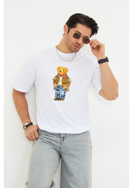 Teddy Bear Desenli Rahat Kesim Erkek Oversize Pamuklu Bisiklet Yaka Baskılı Tişört indirimleri