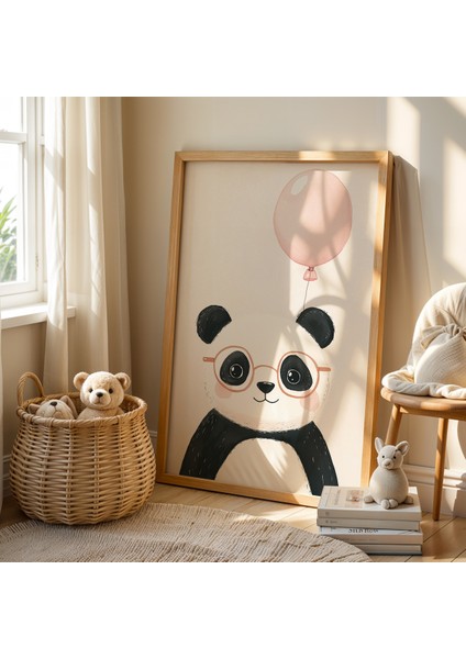 Sevimli Panda ve Kalp Figürlü Doğal Ahşap Çerçevesi Çocuk Odası ve Bebek Odası Tablosu fiyatları