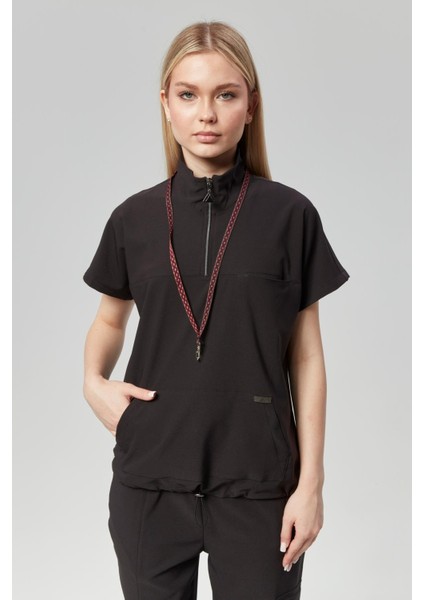 Extreme Cool Woman - Premium Çift Yön Likralı Doktor Hemşire Scrubs Tek Üst Cerrahi Forma (Kadın), Kömür fiyatları