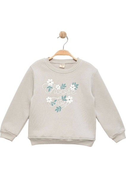 Kız Çocuk Baskı ve Nakışlı Gri Sweatshirt - Kız Çocuk Giyim