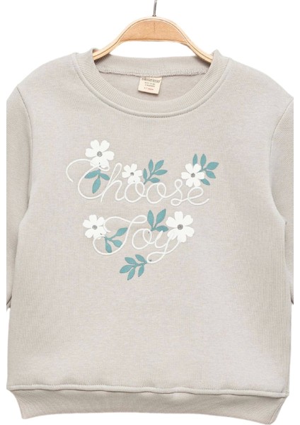 Kız Çocuk Baskı ve Nakışlı Gri Sweatshirt - Kız Çocuk Giyim