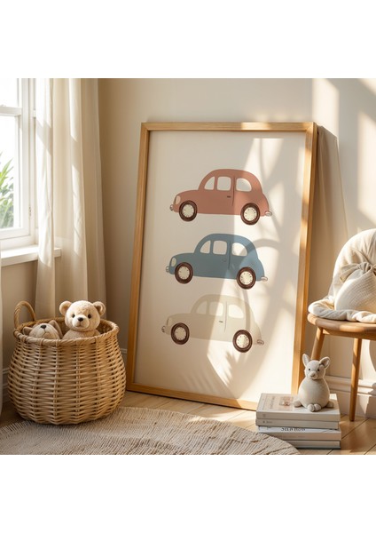 Neşeli Arabalar ve Yollar - Doğal Ahşap Çerçeveli Çocuk Odası ve Bebek Odası Tablosu fiyatları