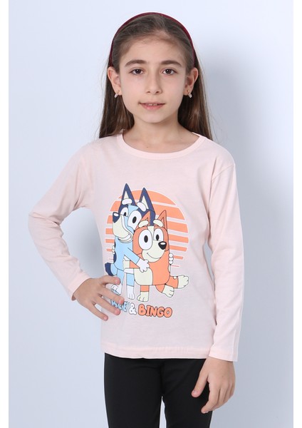 Kız Çocuk Uzun Kol Tshirt Bluey Ile Bingo Baskılı Bisiklet Yaka D46