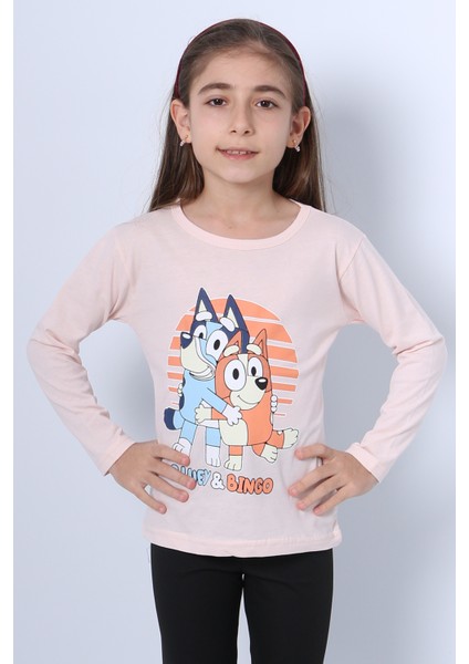 Kız Çocuk Uzun Kol Tshirt Bluey Ile Bingo Baskılı Bisiklet Yaka D46 modelleri