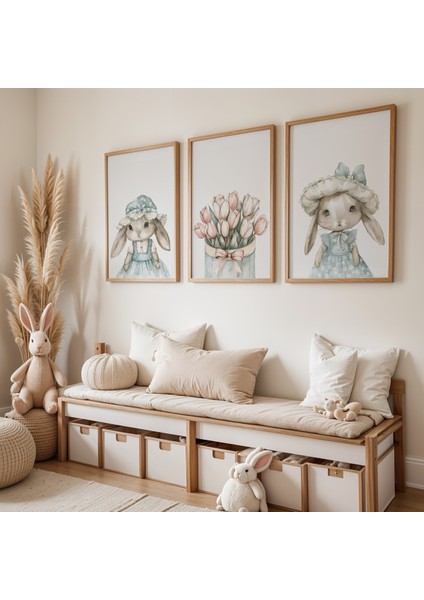 Vintage Tarz Tavşanlar Doğal Ahşap Çerçeveli Çocuk ve Bebek Odası Tablosu