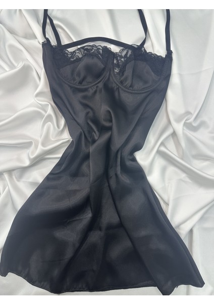 Balenli Saten Siyah Mini Dress