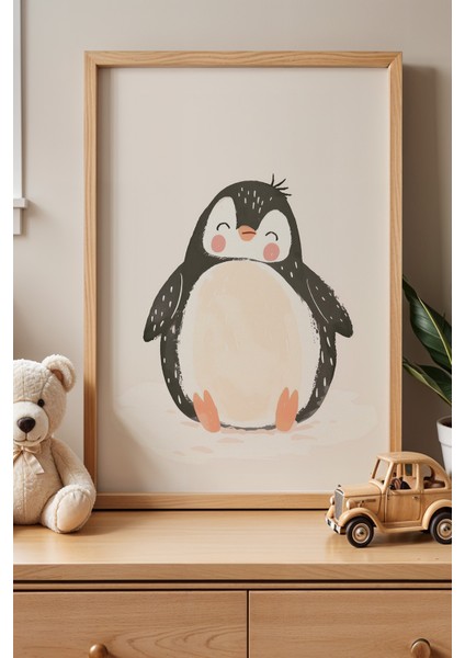 Neşeli Penguen ve Oyun Zamanı - Doğal Ahşap Çerçeveli Çocuk Odası ve Bebek Odası Tablosu fiyatları