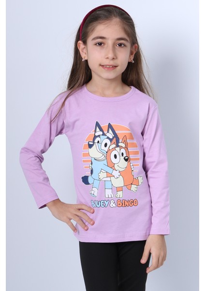 Kız Çocuk Uzun Kol Tshirt Bluey Ile Bingo Baskılı Bisiklet Yaka D46