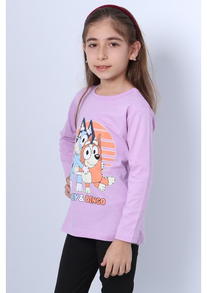 Kız Çocuk Uzun Kol Tshirt Bluey Ile Bingo Baskılı Bisiklet Yaka D46 modelleri