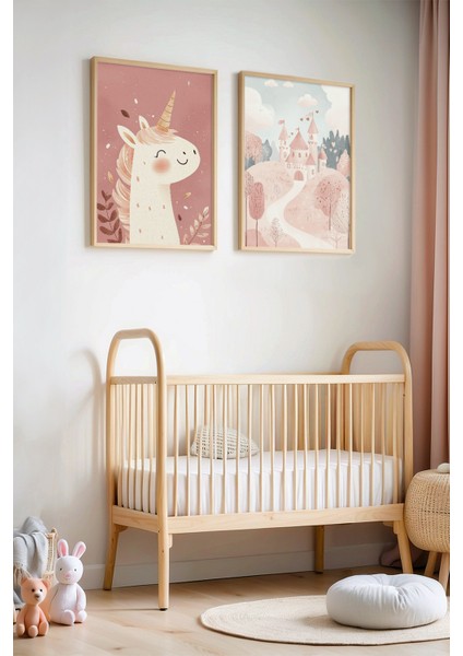 2'li Unicorn ve Doğa Manzarası Doğal Ahşap Çerçeveli Çocuk Odası ve Bebek Odası Tablosu