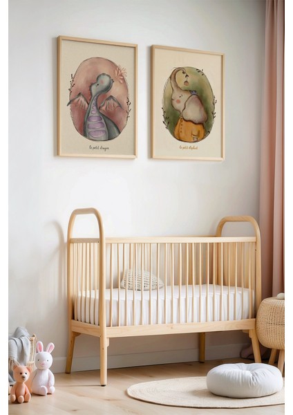 Sevimli Ejderha ve Fil Premium Doğal Ahşap Çerçeveli Çocuk ve Bebek Odası Tablosu