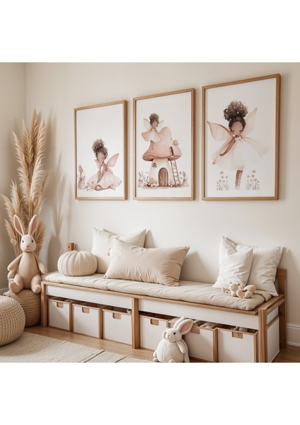 Masalsı Peri Dünyası Doğal Ahşap Çerçeveli Çocuk ve Bebek Odası Tablosu