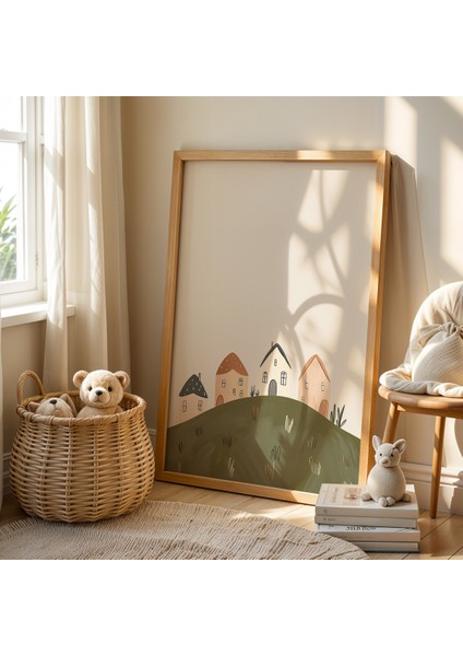 3'lü Doğa Manzarası ve Ev Doğal Ahşap Çerçeveli Çocuk Odası ve Bebek Odası Tablo Seti fiyatları